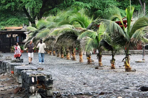 Palm-lined stone waterfront in Cidade Velha, Santiago