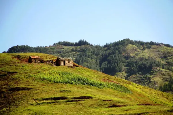Stone cottages and cultivated mountain slopes in Santo Antão