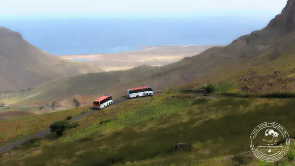 Tour coaches on Monte Verde overlooking the coast of São Vicente