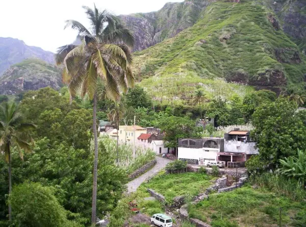 Green valley and village road in Eito, Paul, Santo Antão